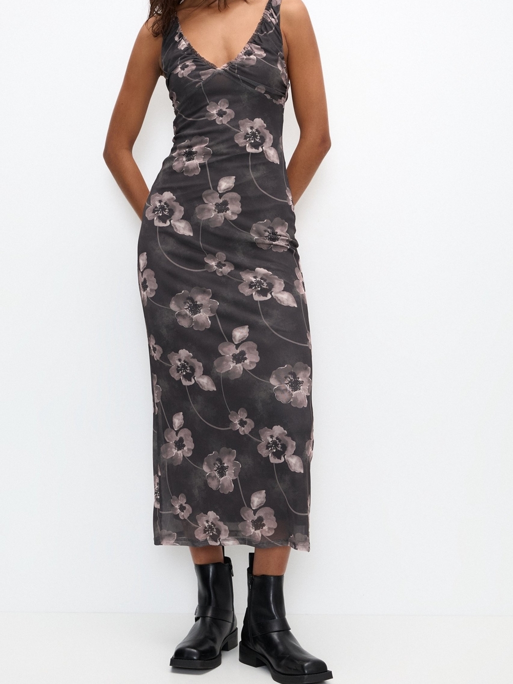 Derek Heart Charcoal Slip Midi Dress with Dusty Pink Floral Print